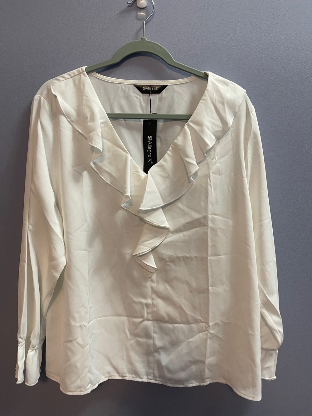 Allegra K Cream Ruffle V-Neck Long Sleeve Blouse